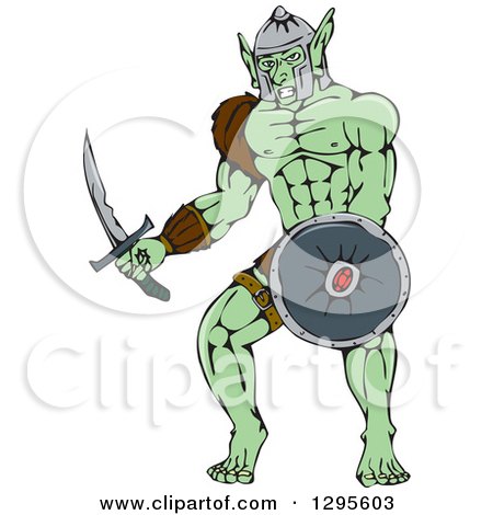 Clipart of a Cartoon Orc Warrior with a Shield and Sword - Royalty Free Vector Illustration by patrimonio