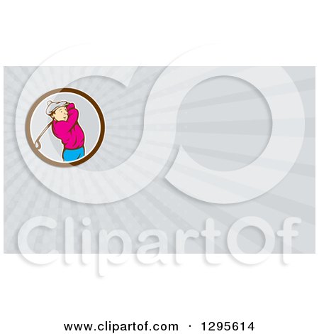 Clipart of a Retro Cartoon Male Golfer and Gray Rays Background or Business Card Design - Royalty Free Illustration by patrimonio