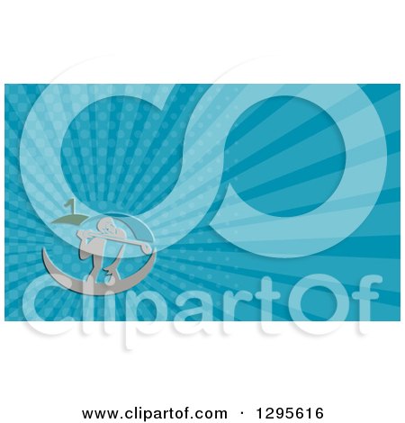 Clipart of a Male Gofer Teeing off and Blue Rays Background or Business Card Design - Royalty Free Illustration by patrimonio
