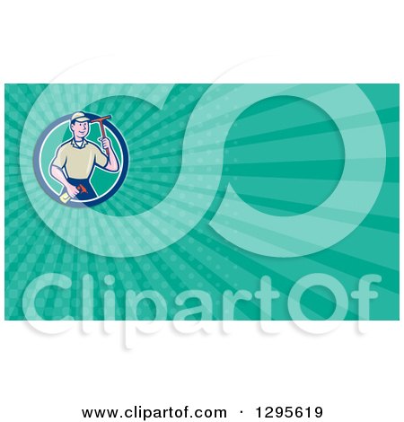 Clipart of a Cartoon Male Window Cleaner Washer and Turquoise Rays Background or Business Card Design - Royalty Free Illustration by patrimonio