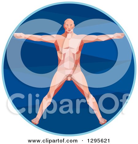 Clipart of a Retro Low Poly Davinci Vitruvian Man in a Blue Circle - Royalty Free Vector Illustration by patrimonio