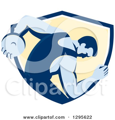 Clipart of a Retro Male Discus Thrower Emerging from a Blue White and Yellow Shield - Royalty Free Vector Illustration by patrimonio