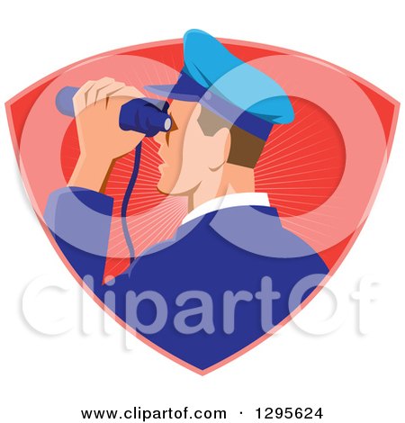 Clipart of a Retro Male Navy Captiain Viewing Through Binoculars in a Red Ray Shield - Royalty Free Vector Illustration by patrimonio