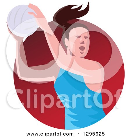 Clipart of a Retro Female Volleyball or Netball Player Passing in a Red Circle - Royalty Free Vector Illustration by patrimonio