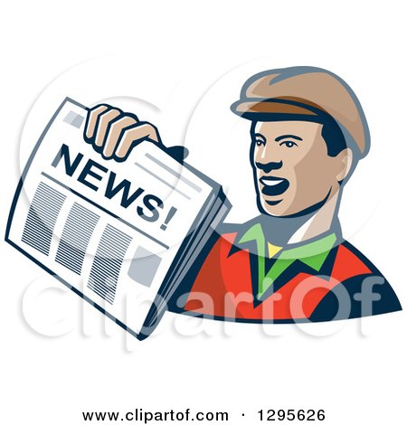 Clipart of a Retro Cartoon Newspaper Boy Holding out a Paper - Royalty Free Vector Illustration by patrimonio