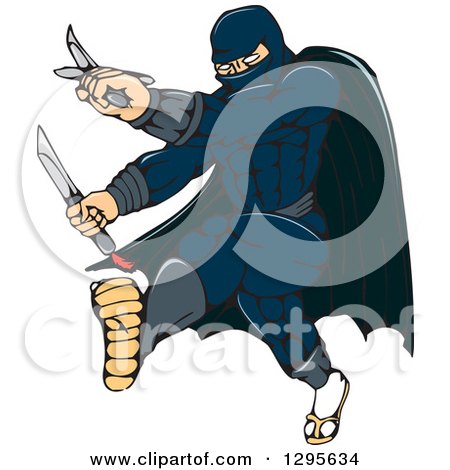 Clipart of a Cartoon Masked Ninja Warrior Super Hero Kicking and Holding a Knife and Sword - Royalty Free Vector Illustration by patrimonio