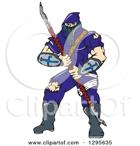 Clipart of a Cartoon Masked Ninja Warrior Super Hero with a Spear - Royalty Free Vector Illustration by patrimonio