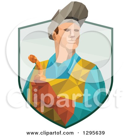 Clipart of a Retro Low Poly Welder Holding a Torch and Emerging from a Shield - Royalty Free Vector Illustration by patrimonio