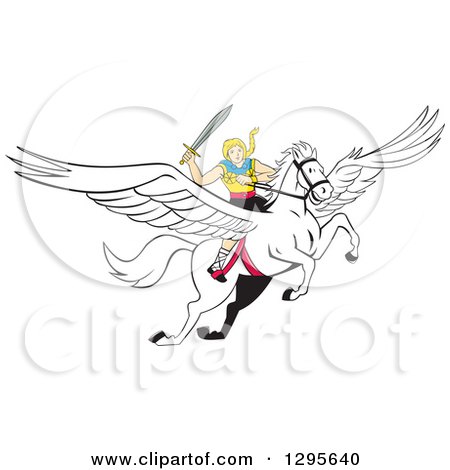 Clipart of a Cartoon Blond Valkyrie Wielding a Sword and Flying on a Winged Pegasus Horse - Royalty Free Vector Illustration by patrimonio