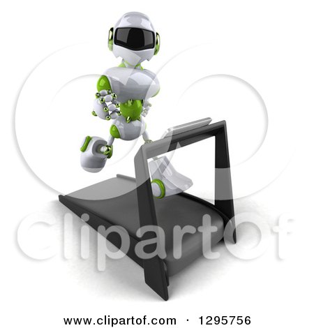Clipart of a 3d White and Green Robot Running on a Treadmill 2 - Royalty Free Illustration by Julos