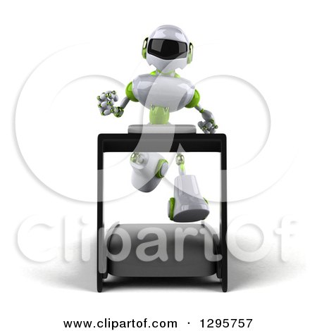 Clipart of a 3d White and Green Robot Running on a Treadmill - Royalty Free Illustration by Julos