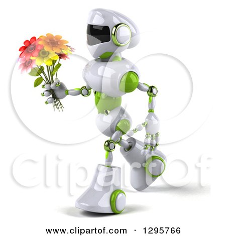 Clipart of a 3d White and Green Robot Walking to the Left with a Bouquet of Flowers - Royalty Free Illustration by Julos