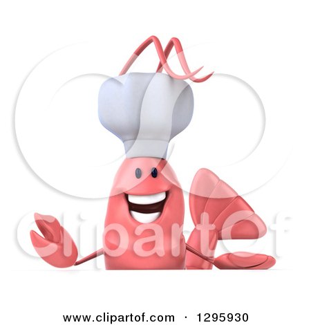 Clipart of a 3d Happy Pink Chef Shrimp Welcoming over a Sign - Royalty Free Illustration by Julos