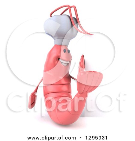 Clipart of a 3d Happy Pink Chef Shrimp by a Sign - Royalty Free Illustration by Julos