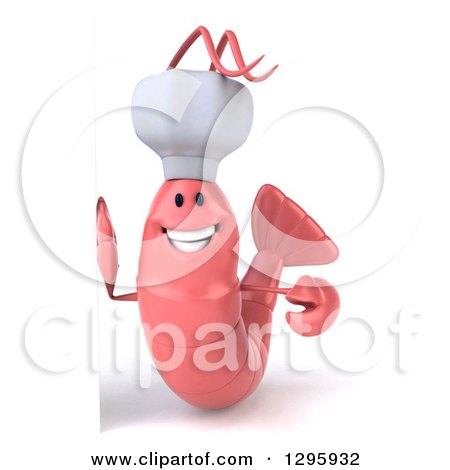 Clipart of a 3d Happy Pink Chef Shrimp Smiling by a Sign - Royalty Free Illustration by Julos