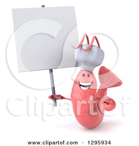 Clipart of a 3d Happy Pink Chef Shrimp Holding a Blank Sign - Royalty Free Illustration by Julos