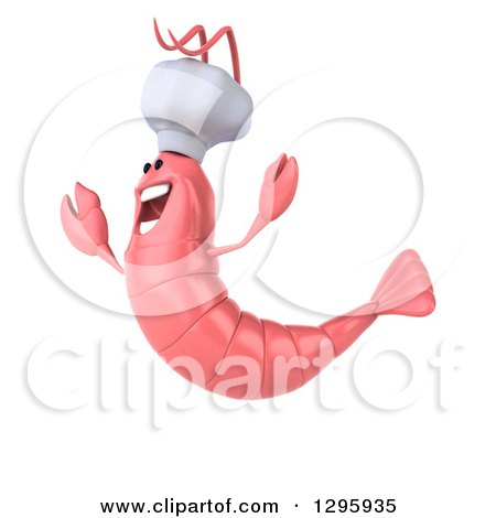 Clipart of a 3d Happy Pink Chef Shrimp Jumping and Facing Left - Royalty Free Illustration by Julos