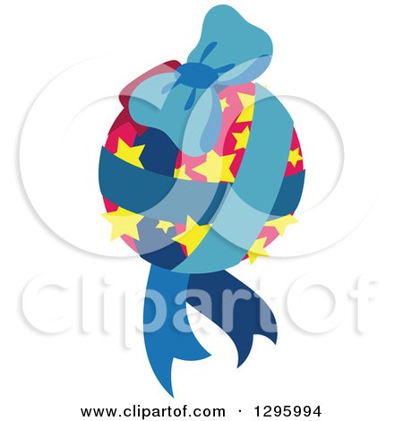 Clipart of a Pink Starry Christmas Bauble with Blue Ribbons and a Bow - Royalty Free Vector Illustration by Cherie Reve