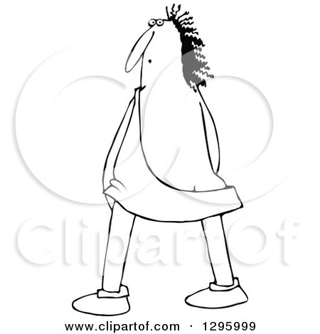 Clipart of a Black and White Chubby Caveman Looking Back and Peeing - Royalty Free Vector Illustration by djart
