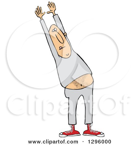 Clipart of a Cartoon Chubby and Hairy White Man Stretching in Sweats - Royalty Free Vector Illustration by djart