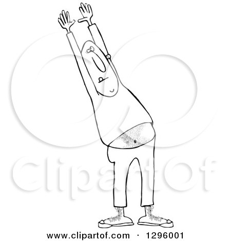 Clipart of a Cartoon Black and White Chubby and Hairy Man Stretching in Sweats - Royalty Free Vector Illustration by djart