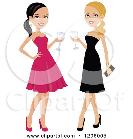 Clipart of Beautiful Brunette and Blond Caucasian Women Toasting with White Wine - Royalty Free Vector Illustration by Monica