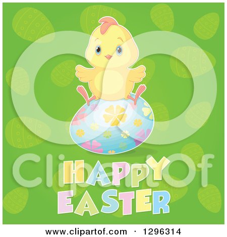 Clipart of a Cute Yellow Chick Sitting on a Floral Egg over Happy Easter Text on Green - Royalty Free Vector Illustration by Pushkin