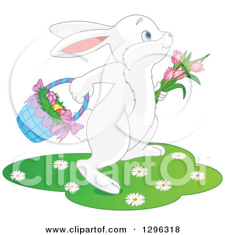 Clipart of a Cute White Easter Bunny Hopping with Tulips and a Basket of Eggs - Royalty Free Vector Illustration by Pushkin