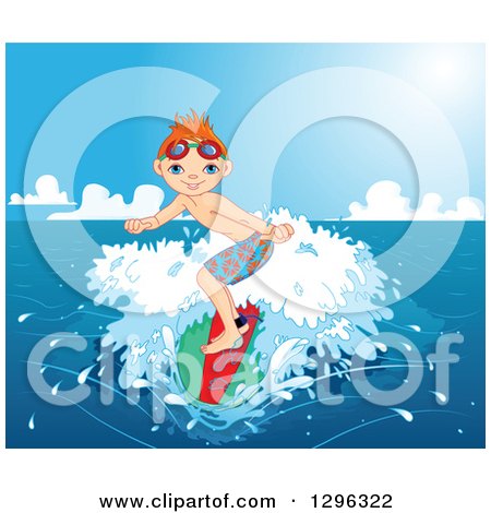 Clipart of a Cute Red Haired White Boy Surfing on the Ocean - Royalty Free Vector Illustration by Pushkin