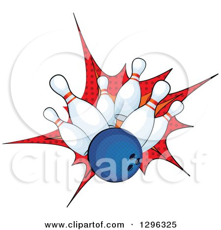 Clipart of a Blue Bowling Ball Crashing into Pins over a Red Burst - Royalty Free Vector Illustration by Pushkin