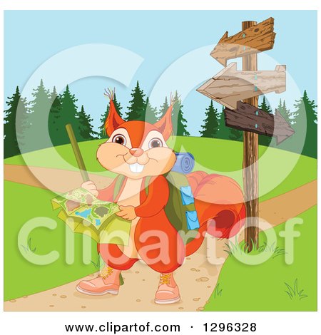 Clipart of a Cute Presenting Squirrel Hiking with a Map by Arrow Signs and Paths - Royalty Free Vector Illustration by Pushkin