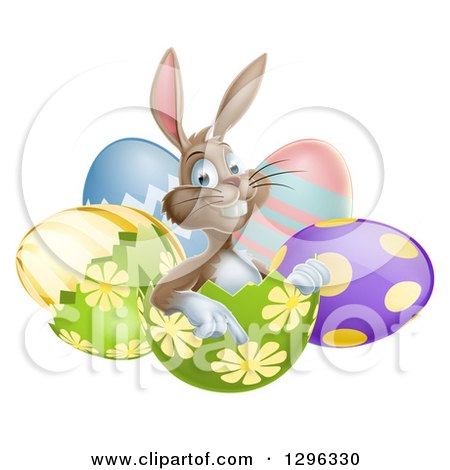 Clipart of a Happy Brown Easter Bunny Sitting and Pointing from an Egg Shell - Royalty Free Vector Illustration by AtStockIllustration