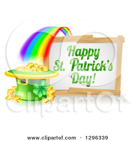 Clipart of a Happy St Patricks Day Sign with a Rainbow Leading to a Leprechaun Hat Pot of Gold - Royalty Free Vector Illustration by AtStockIllustration