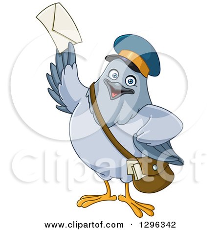Clipart of a Cartoon Happy Carrier Pigeon Mail Man Holding up an Envelope - Royalty Free Vector Illustration by yayayoyo