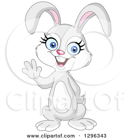 Clipart of a Cartoon Cute White Friendly Bunny Rabbit Waving - Royalty Free Vector Illustration by yayayoyo