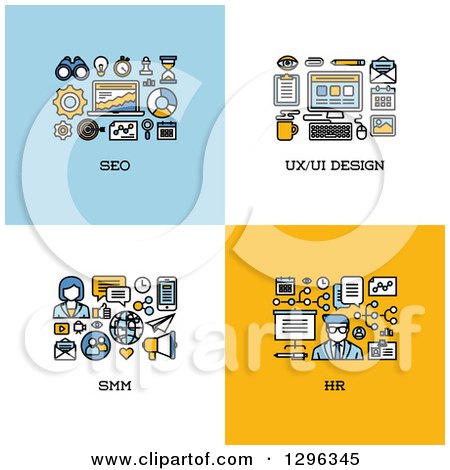Clipart of SEO, UI and UX Design, SMM, HR Icons - Royalty Free Vector Illustration by elena