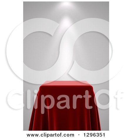 Clipart of a 3d Square Presentation Pedestal Table Draped with a Red Silk Cloth, with a Spotlight - Royalty Free Illustration by stockillustrations