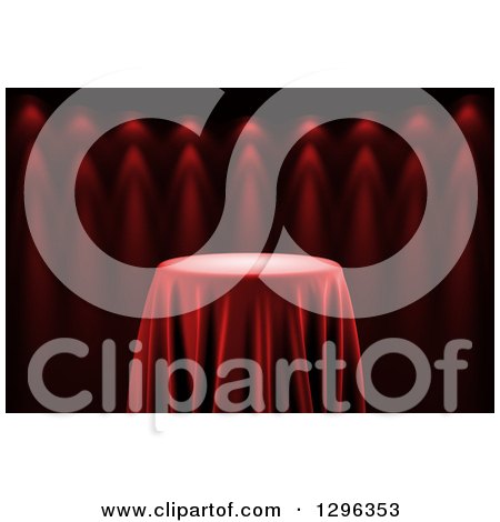 Clipart of a 3d Round Presentation Pedestal Table Draped with a Silk Cloth, on Red with Spotlights 2 - Royalty Free Illustration by stockillustrations