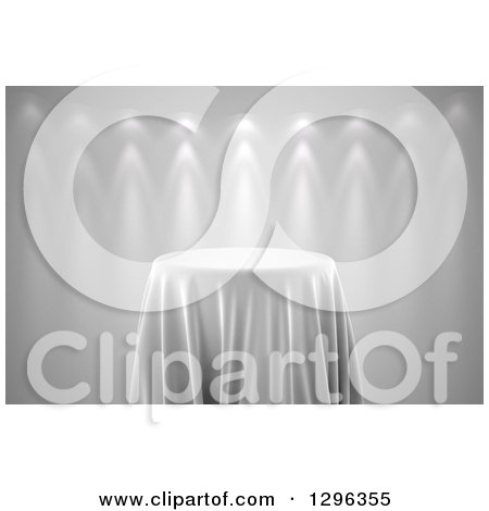 Clipart of a 3d Round Presentation Pedestal Table Draped with a White Silk Cloth, on Gray with Spotlights - Royalty Free Illustration by stockillustrations