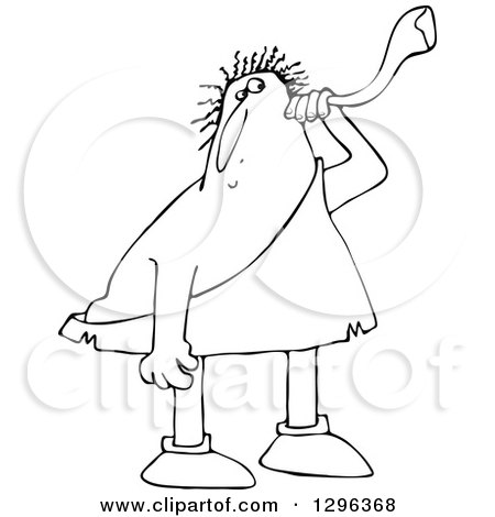 Lineart Clipart of a Black and White Chubby Deaf Caveman Using an Ear Horn - Royalty Free Outline Vector Illustration by djart
