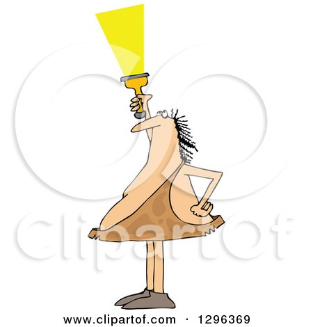 Clipart of a Chubby Caveman Shining a Flashlight Upwards - Royalty Free Vector Illustration by djart