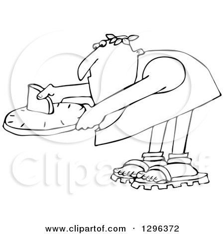 Lineart Clipart of a Black and White Chubby Roman Man Bending over and Using a Sundial - Royalty Free Outline Vector Illustration by djart
