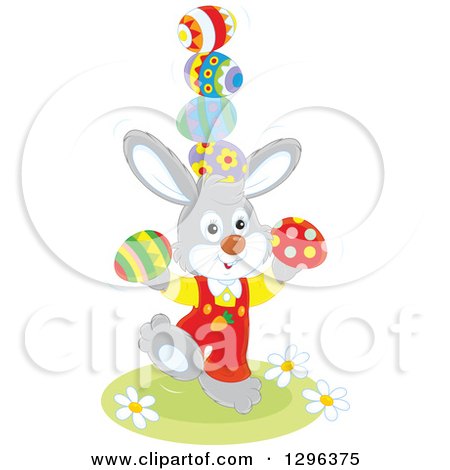 Clipart of a Gray Bunny Rabbit Balancing Easter Eggs - Royalty Free Vector Illustration by Alex Bannykh