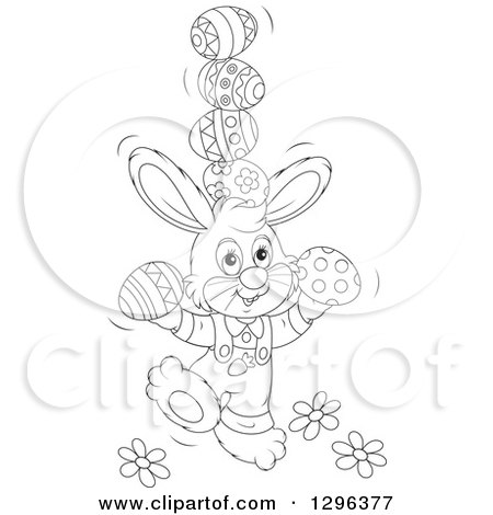 Clipart of a Cartoon Black and White Easter Bunny Rabbit Balancing Eggs - Royalty Free Vector Illustration by Alex Bannykh