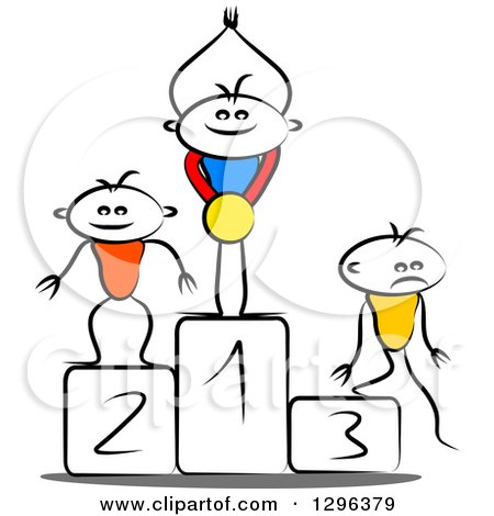 Clipart of a Sketched Winner Cheering with a Medal on a First Place Podium and Second and Third Place Opponents - Royalty Free Vector Illustration by Oligo