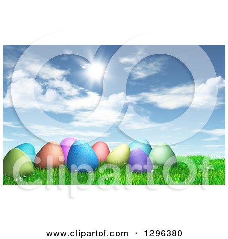 Clipart of a Sunny Sky over 3d Colorful Easter Eggs in Grass - Royalty Free Illustration by KJ Pargeter
