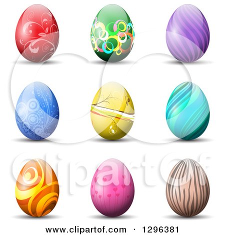 Clipart of 3d Colorful Patterned Easter Eggs with Shadows on White - Royalty Free Vector Illustration by KJ Pargeter