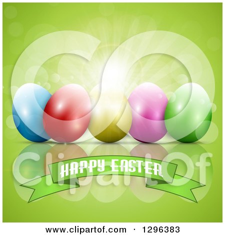 Clipart of a 3d Colorful Eggs with Sunshine and Flares over a Happy Easter Banner on Green - Royalty Free Vector Illustration by KJ Pargeter