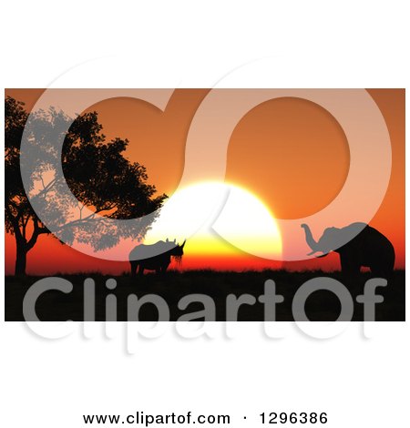 Clipart of a 3d Background of a Silhouetted Rhino and Elephants and an Orange African Sunset - Royalty Free Illustration by KJ Pargeter