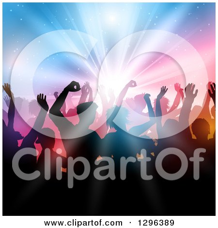 Clipart of a Silhouetted Dancing and Cheering Crowd over Colorful Shining Lights - Royalty Free Vector Illustration by KJ Pargeter